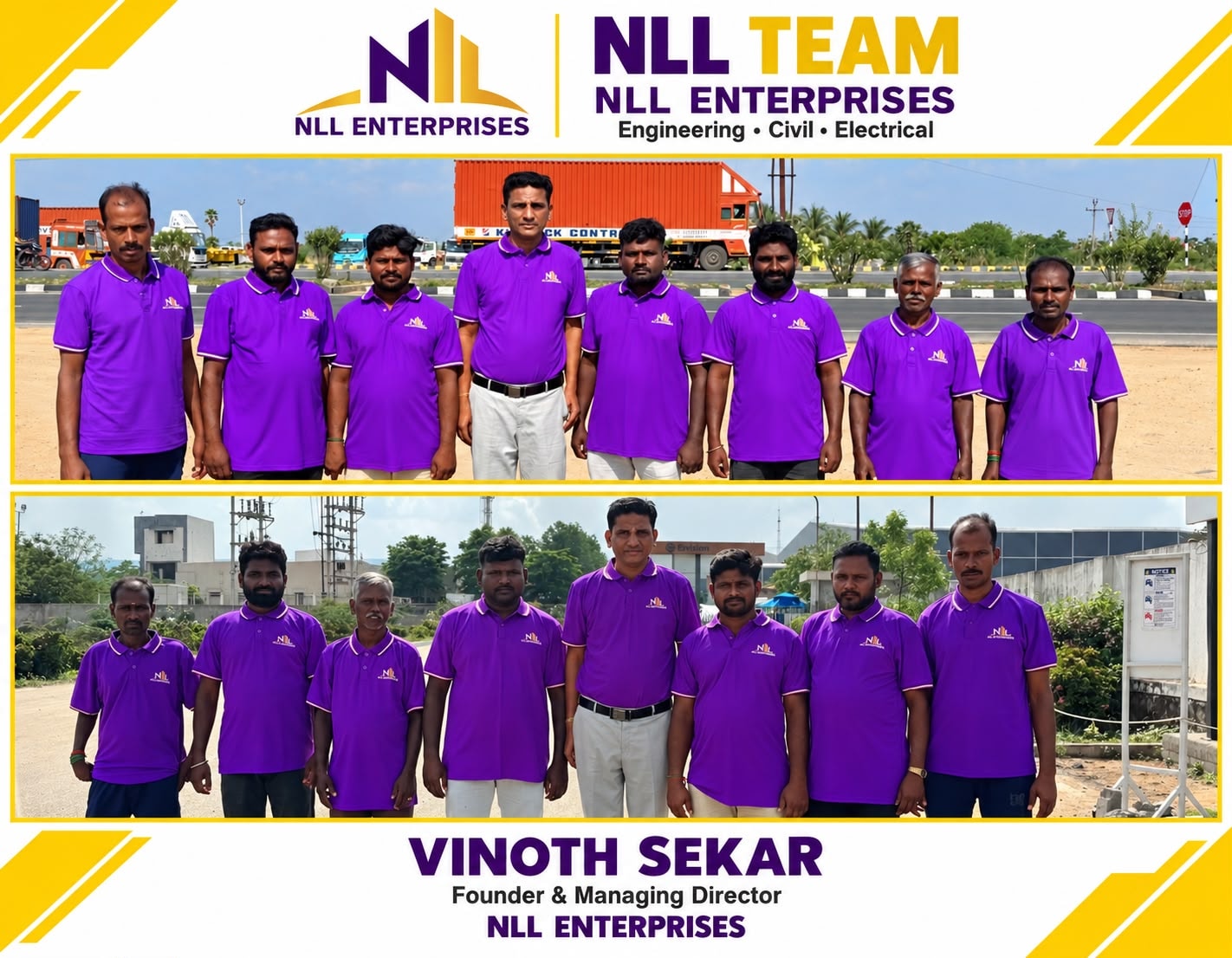 NLL Enterprises team — Vinoth Sekar, Founder & Managing Director, with the full field team in branded purple uniforms